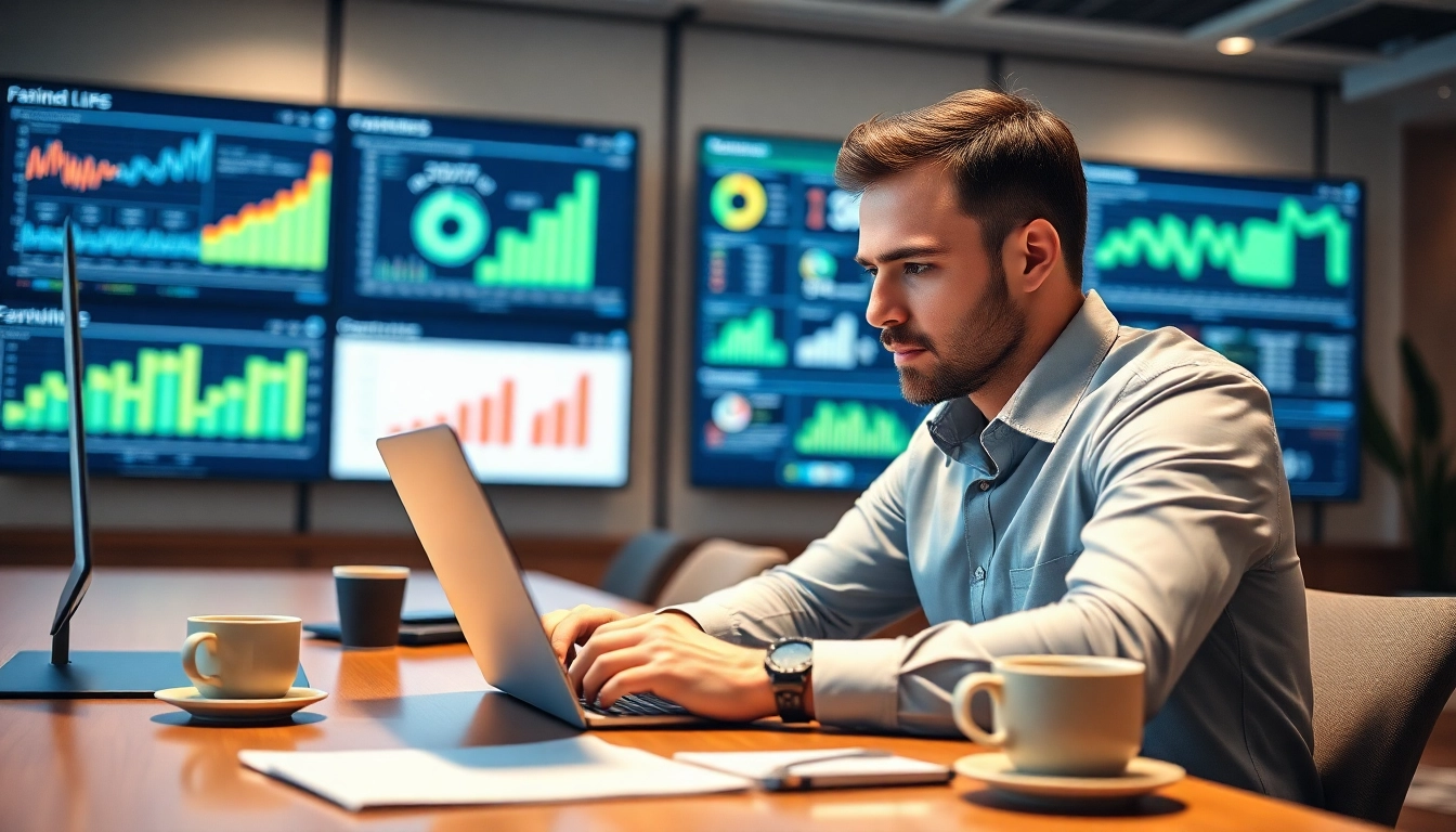 Engaging casino affiliate marketer using data analytics in a modern office environment.