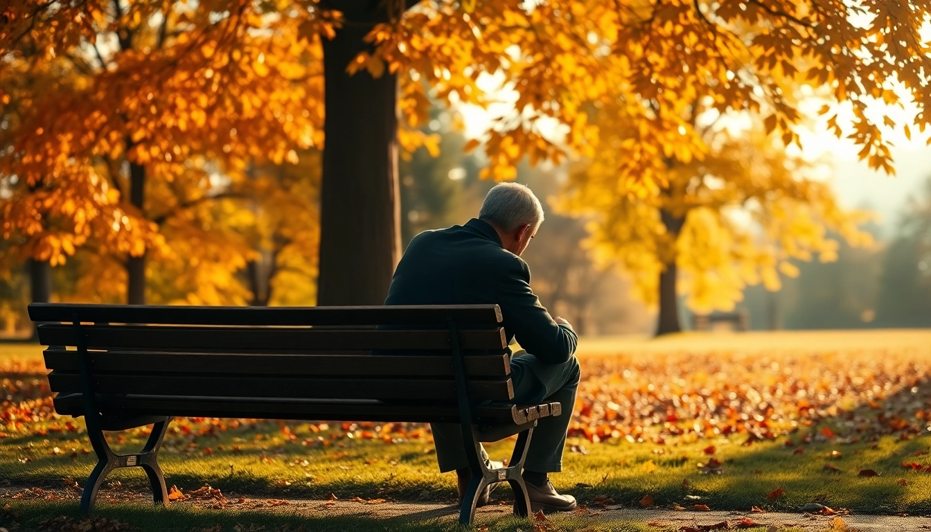 Person reflecting on dealing with grief in a peaceful autumn park setting.