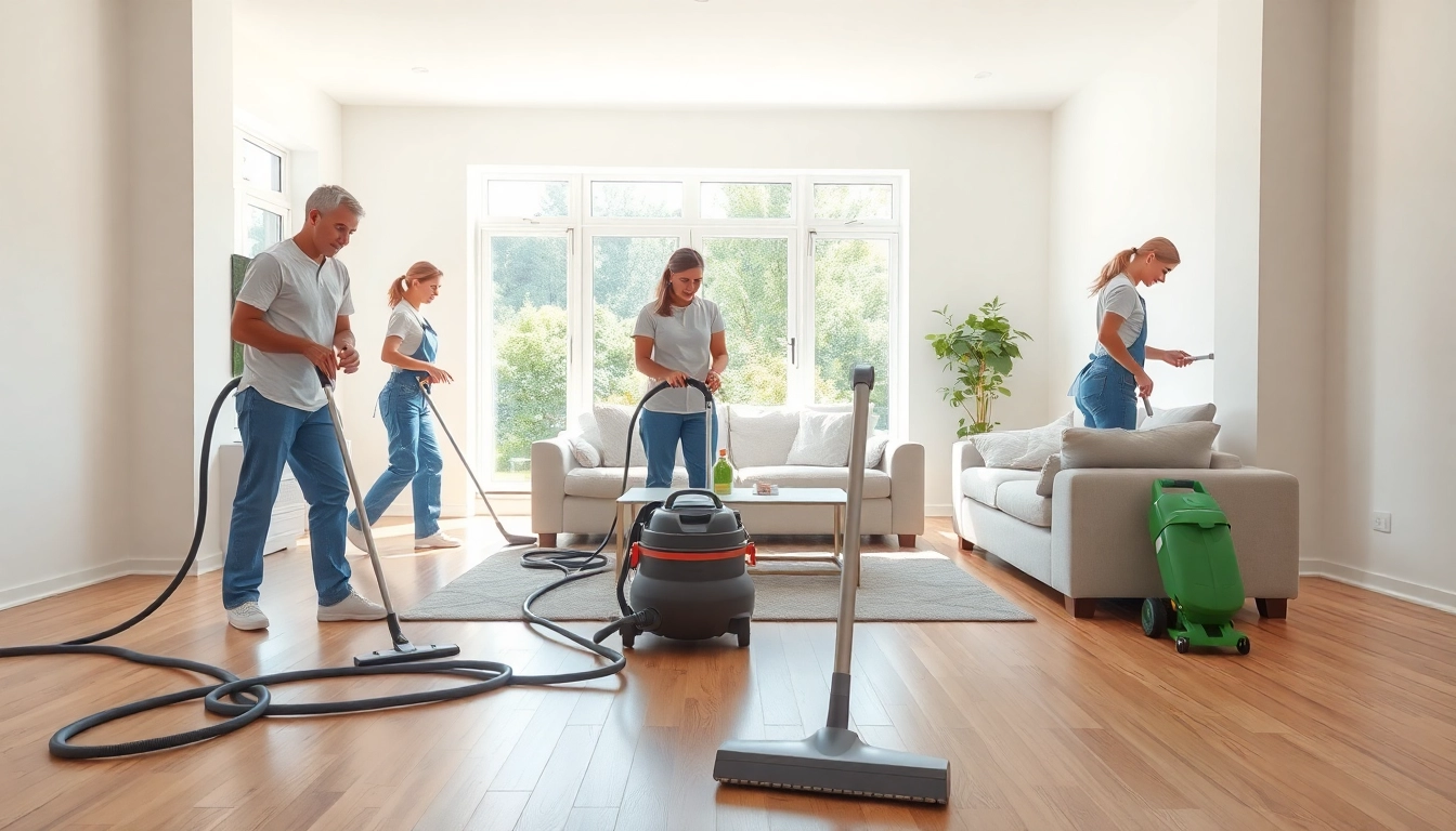 Team performing bond cleaning Logan in a bright living room with cleaning tools.