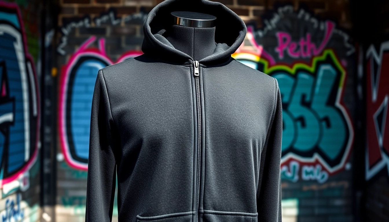 Model wearing a stylish black zip up hoodie against an urban graffiti backdrop.