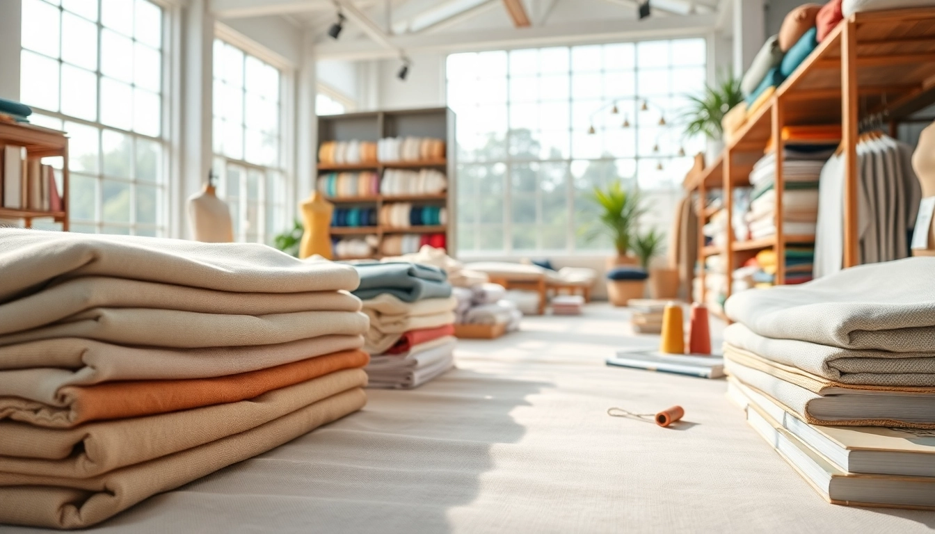Katoen stoffen in een lichte showroom met verschillende kleuren en texturen.