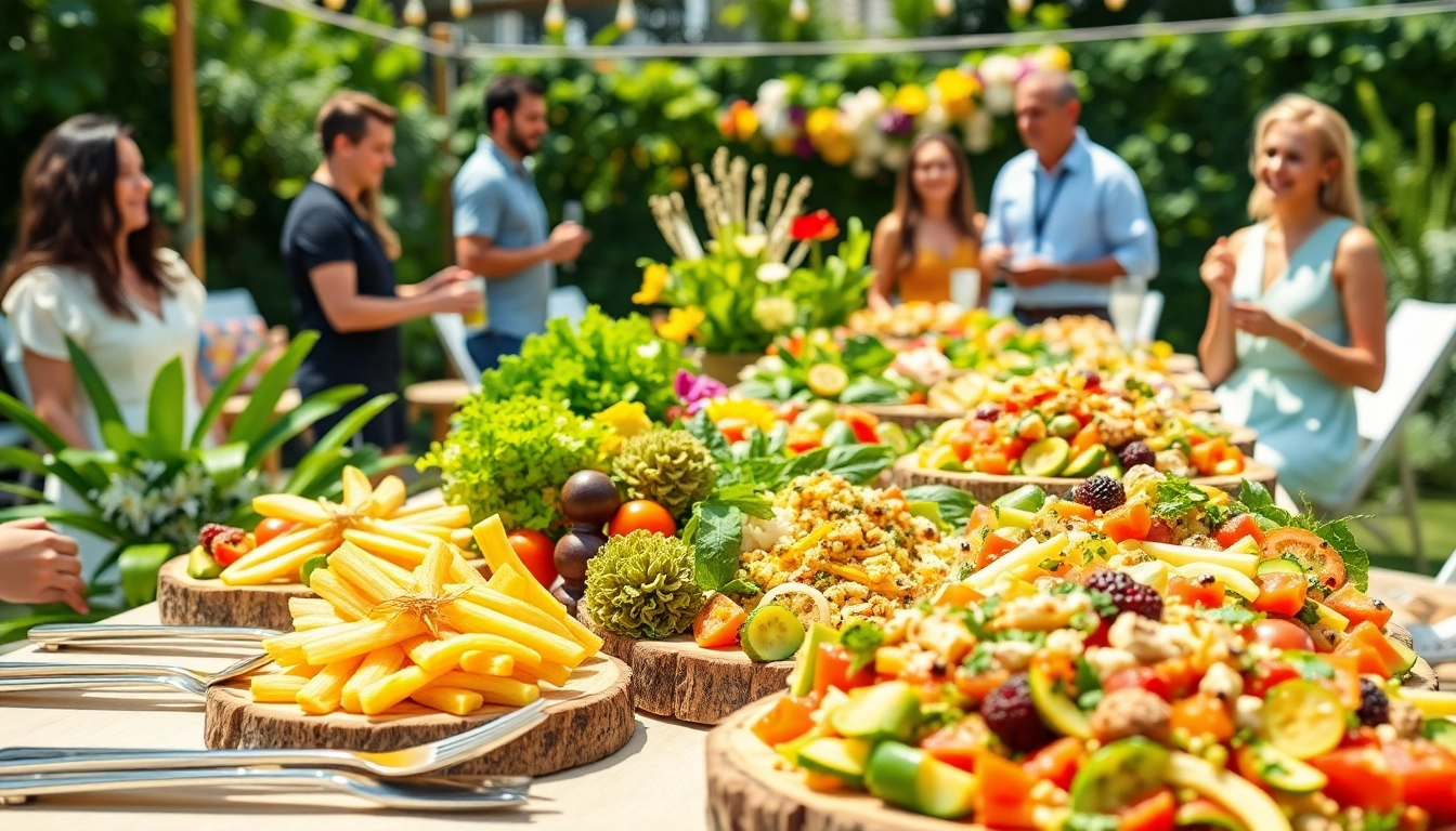 Delicious vegan catering Hamilton Ontario spread at a garden party, showcasing colorful dishes and vibrant atmosphere.