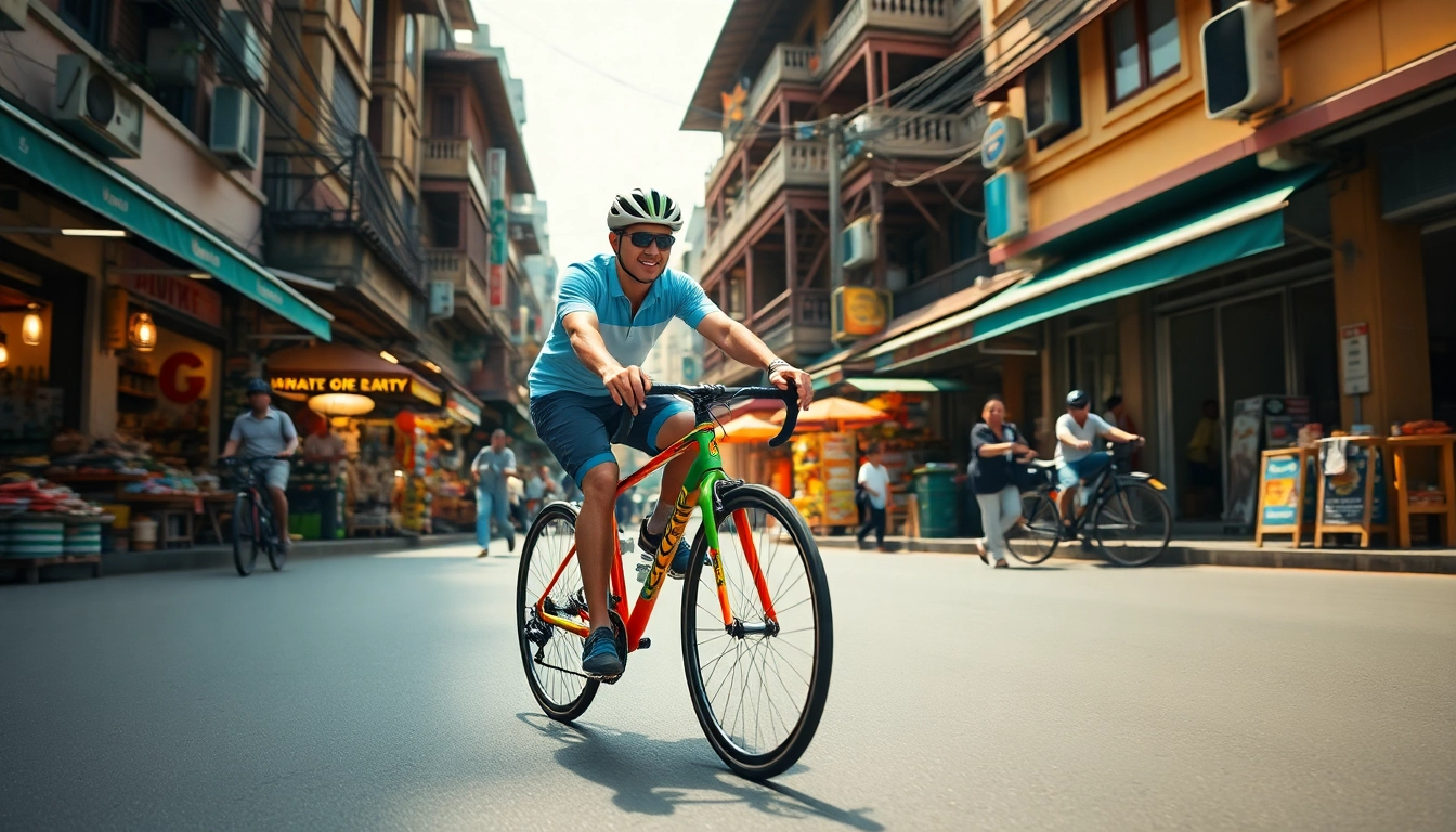 Experience bike hire bangkok with a cyclist enjoying the vibrant streets of the city.