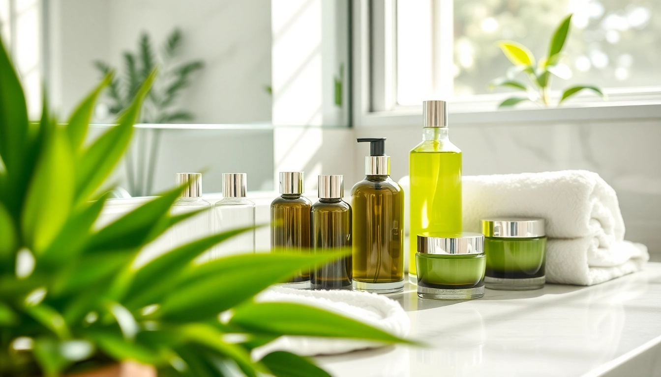 Showcase of skincare products from https://cosmeticsarenas.com on a serene bathroom counter.