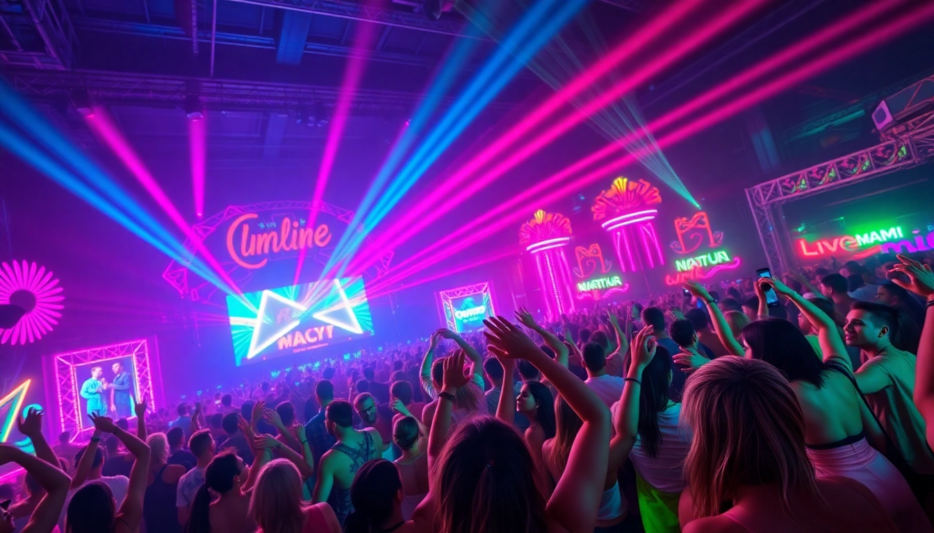 Experience the vibrant energy of a miami rave with ecstatic partygoers and colorful lights.