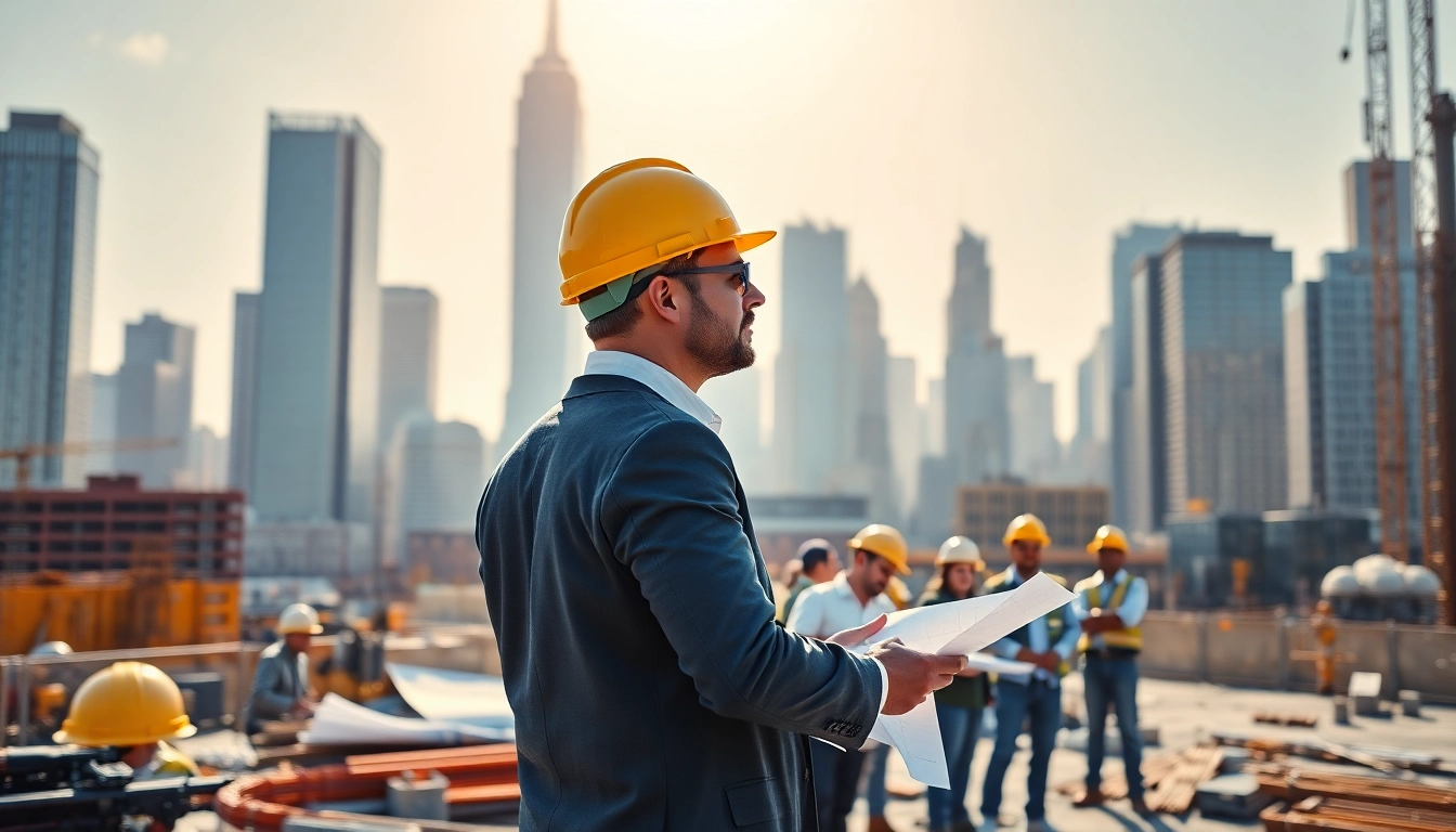 Efficient New York Construction Manager coordinating a vibrant construction site with diverse team members.