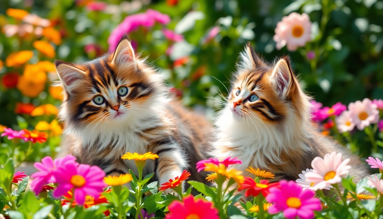Adopt playful Maine Coon cats for sale Sacramento in a sunny garden filled with flowers.