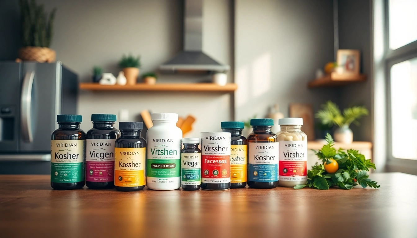 Explore Viridian kosher products showcased on a wooden table highlighting their health-conscious features.