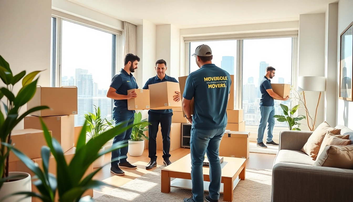 Best movers NYC expertly handling boxes in a bright apartment setting, showcasing a team in action.
