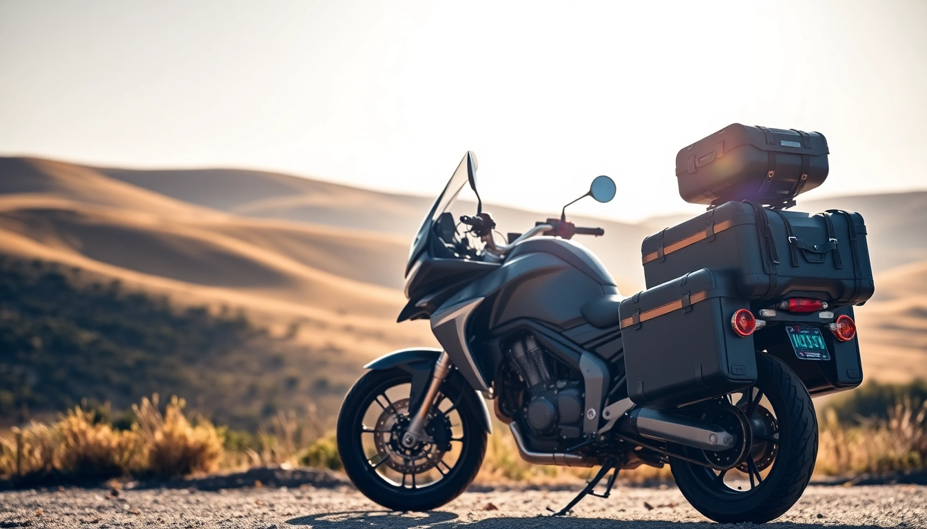 Showcasing universal motorcycle luggage on a motorcycle against a scenic backdrop.