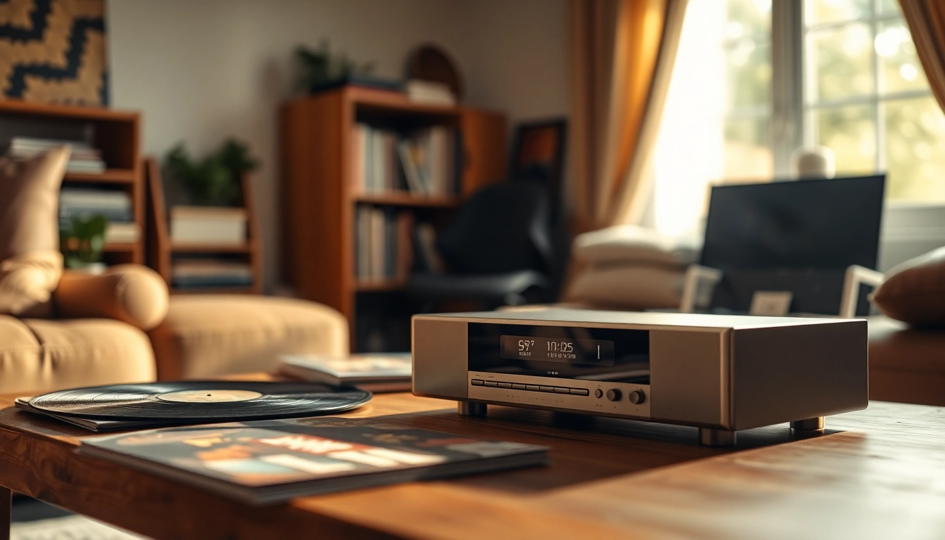 Engaging image of a digital music player displayed on a coffee table, highlighting https://hardwareplayer.com.