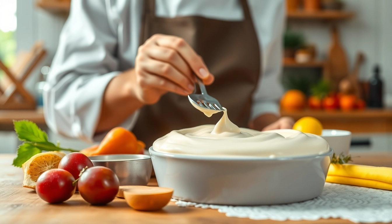 Bereiding van mousseline in een professionele keuken met verse ingrediënten en keukengerei.