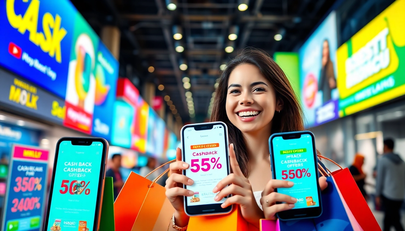 Explore best cashback offers with cheerful shopper engaging with colorful promotions in dynamic setting.