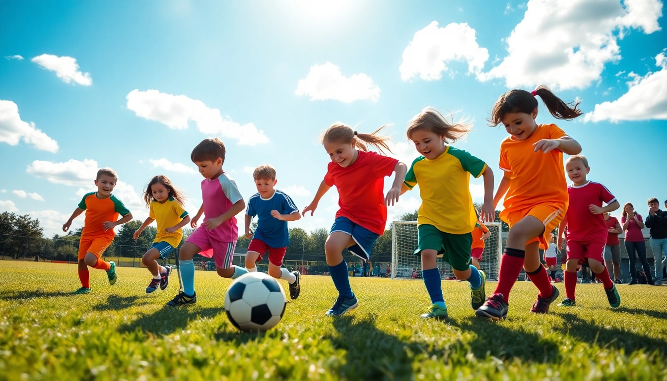Children enjoying soccer in vibrant Kids Football Kits, playing energetically on a sunny field.