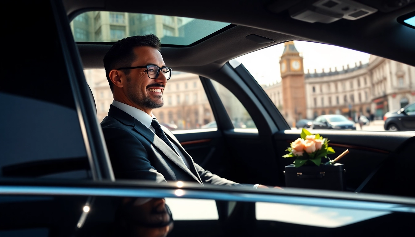 Showcasing a london chauffeur welcoming passengers in a luxurious vehicle amidst London’s iconic scenery.