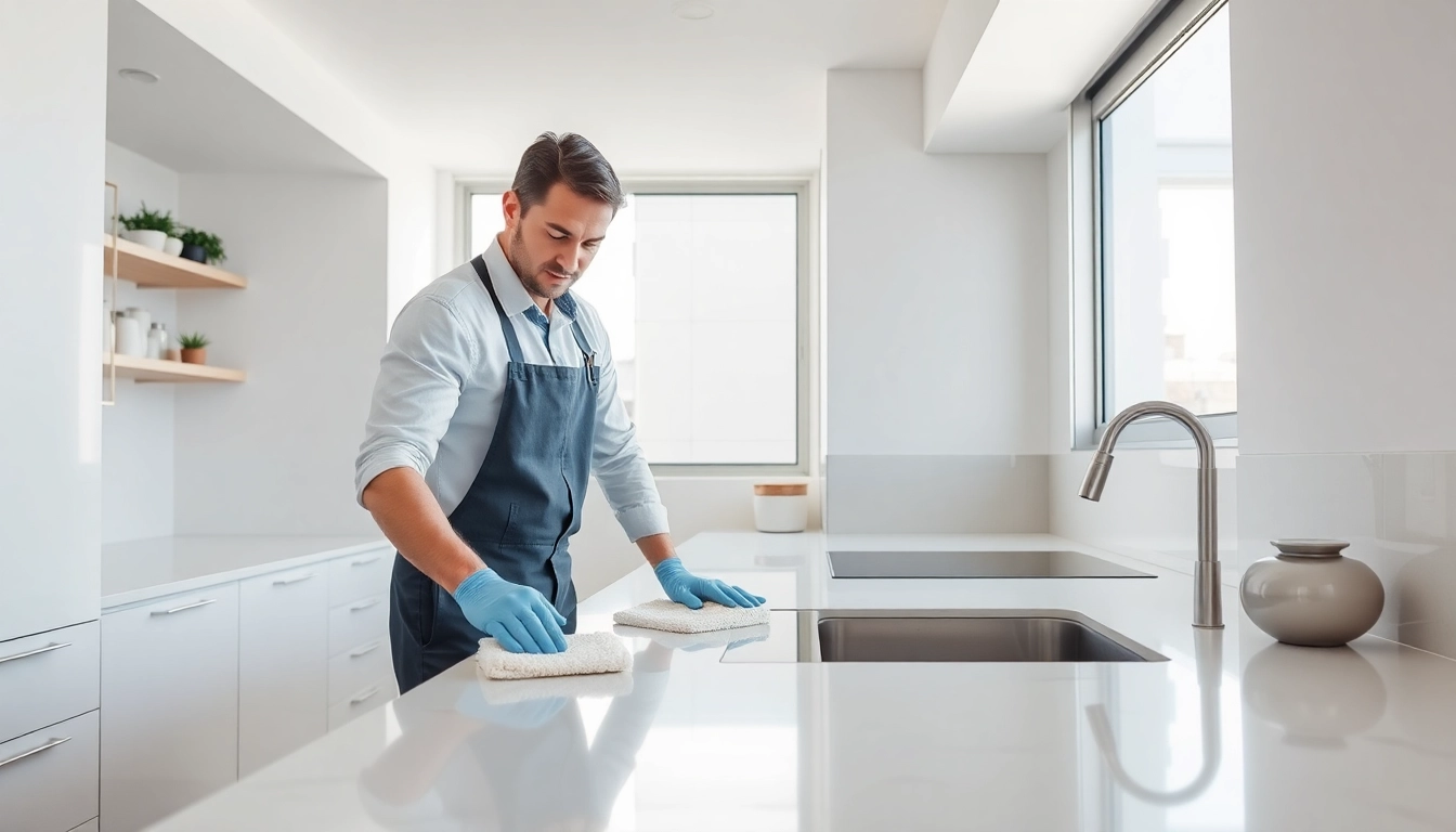 Experience expert bond cleaning brisbane with a professional in a sparkling kitchen environment.