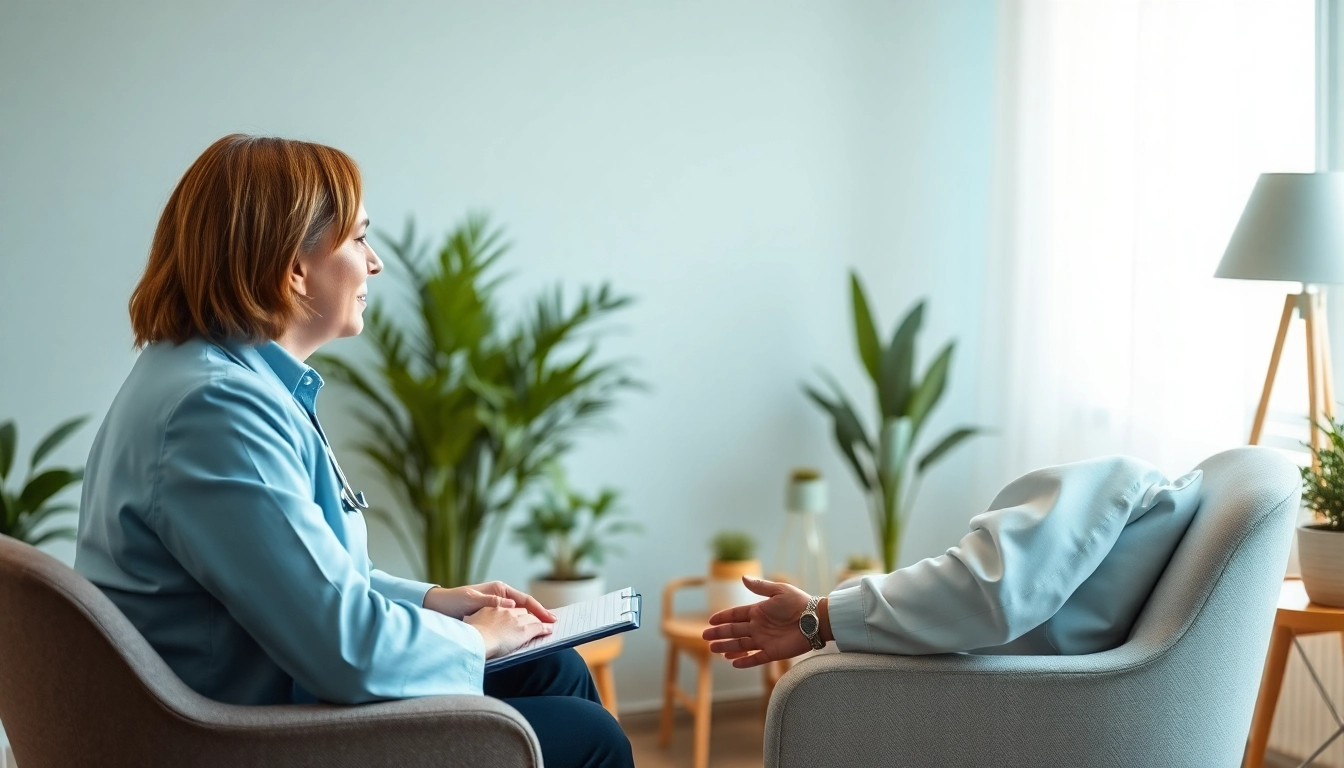 Psychiatrist consulting with a patient in a serene setting, showcasing professionalism and empathy.