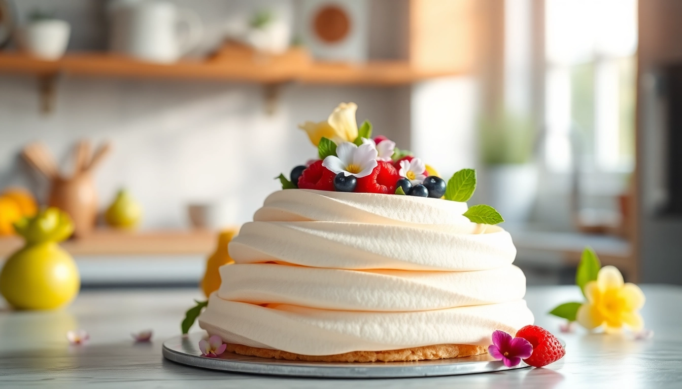 Mousseline dessert artistically displayed with fresh fruits and delicate flowers.