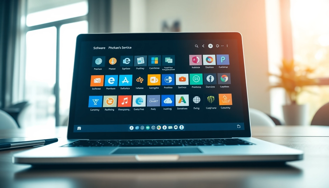 Showcase of software packages on https://digitalsoftwaremarkett.com with a modern laptop in an office.