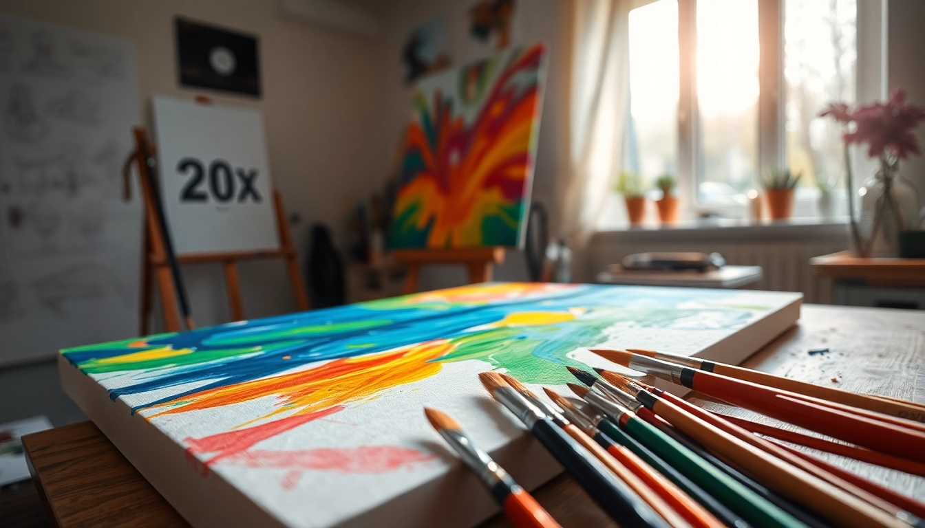 Maak een levendig canvas schilderij in een gezellige artistieke ruimte.