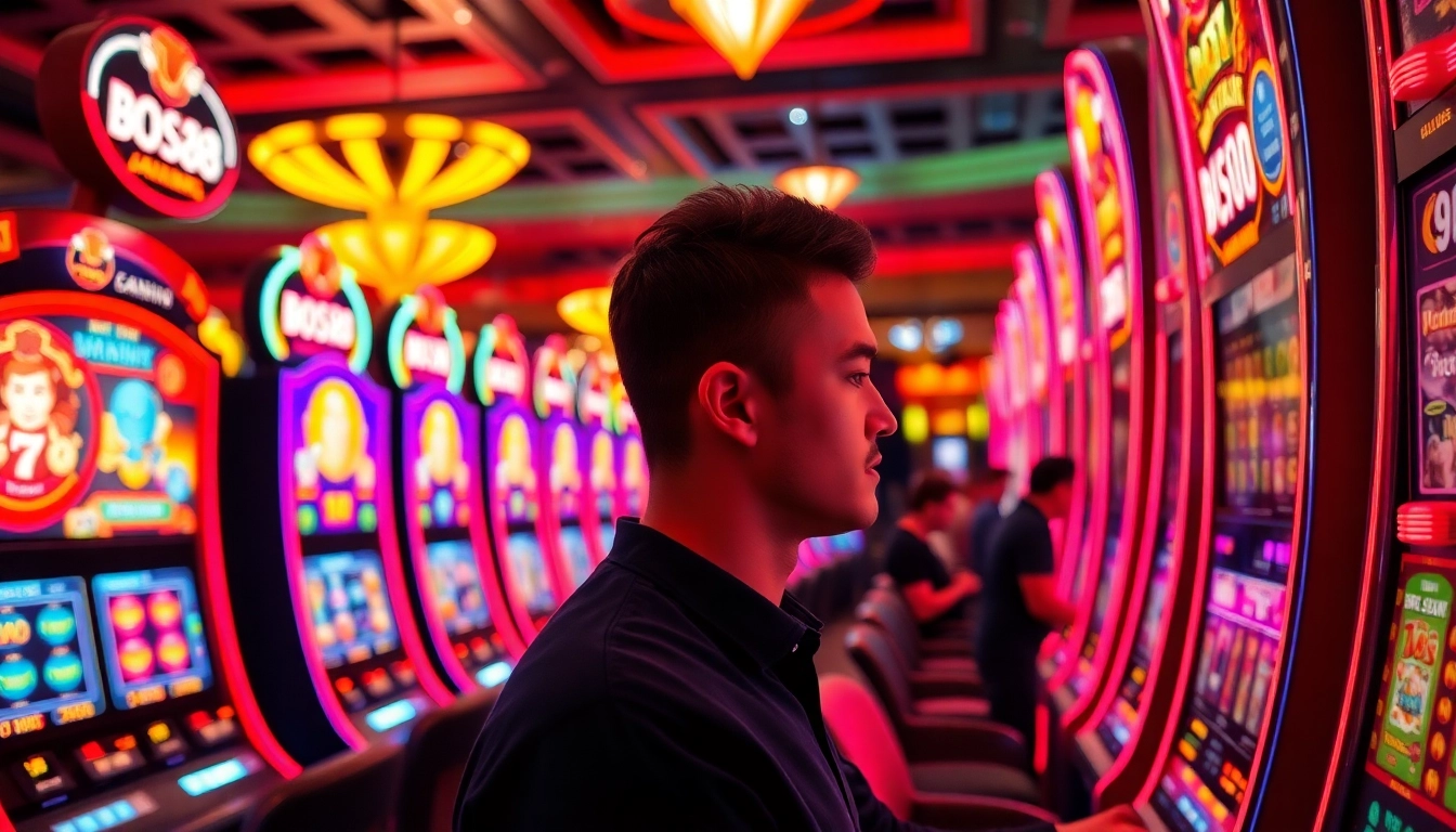 Permainan bos88 slot membawa keseruan di kasino dengan mesin slot berwarna-warni yang menyala.