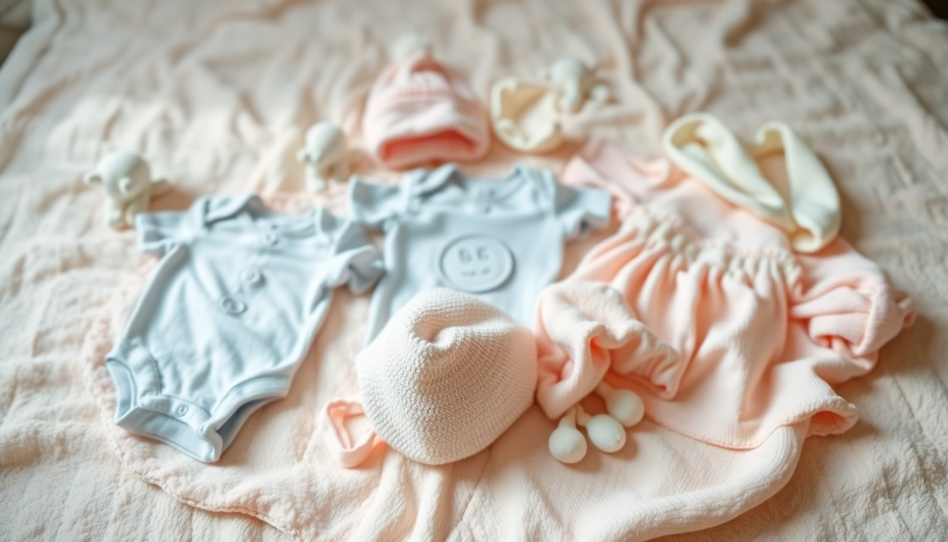 Showcasing a variety of baby clothes on a pastel blanket, illustrating comfort and style for infants.