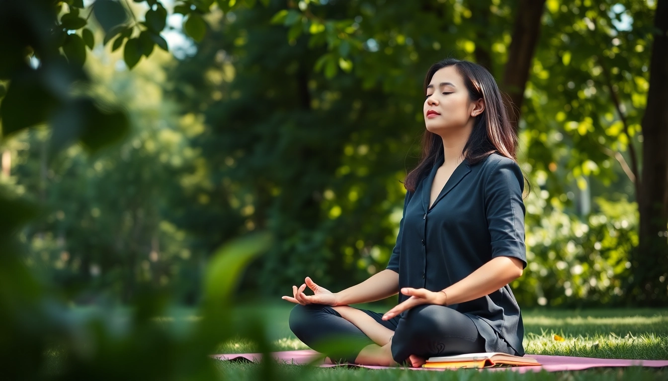 Practicing mindfulness techniques for dealing with anxiety in a tranquil outdoor setting.