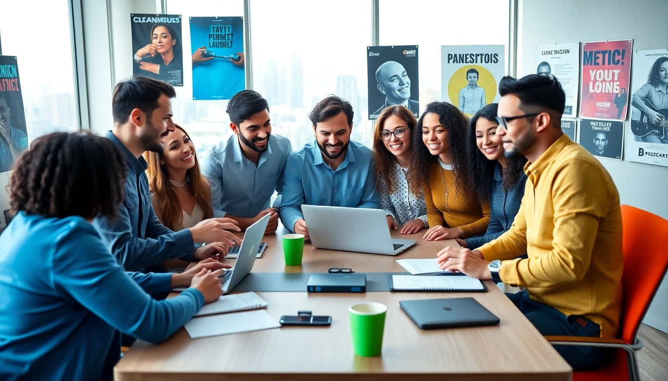 The team at the best music pr company actively brainstorming creative strategies in a vibrant office.