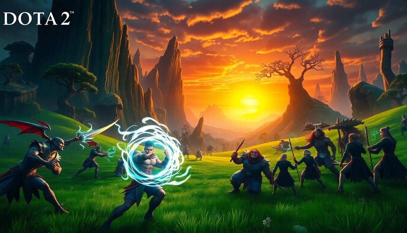 Dota 2 heroes clash in an epic battle scene, showcasing magical powers and dynamic action.