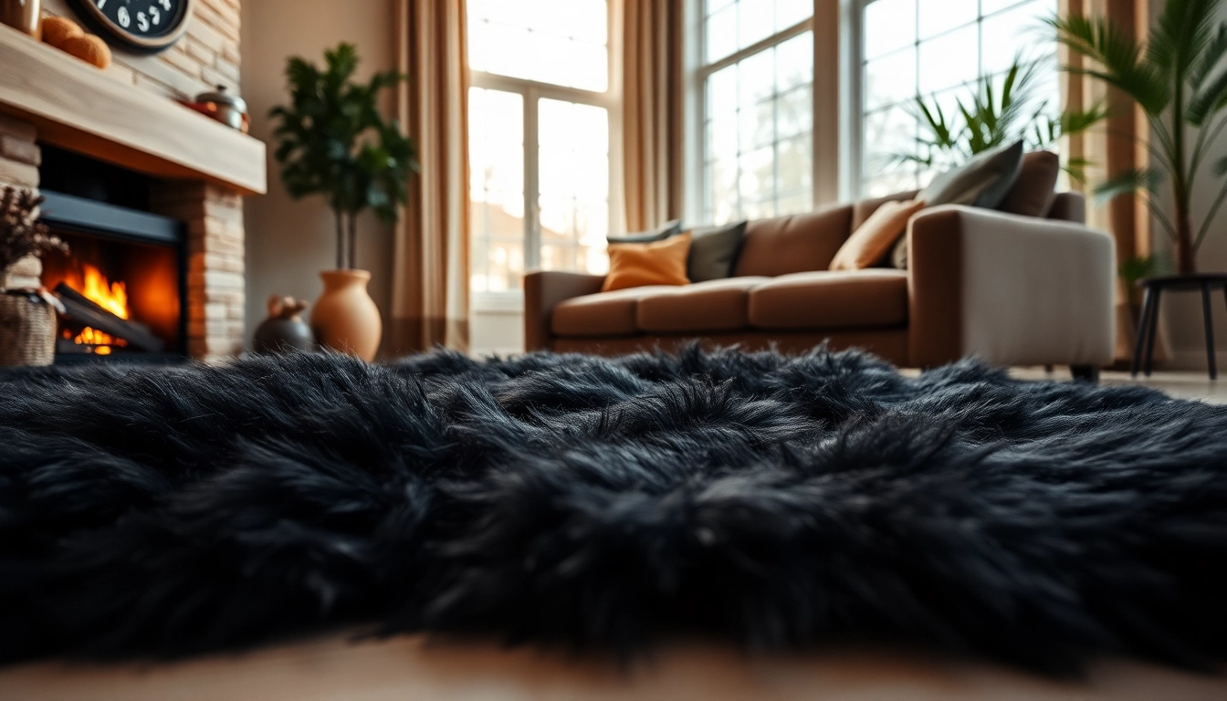 Experience the comfort of a plush black sheepskin rug enhancing your living space.