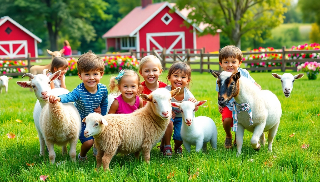 Children enjoying a lively petting zoo with friendly animals, including goats and a pony.
