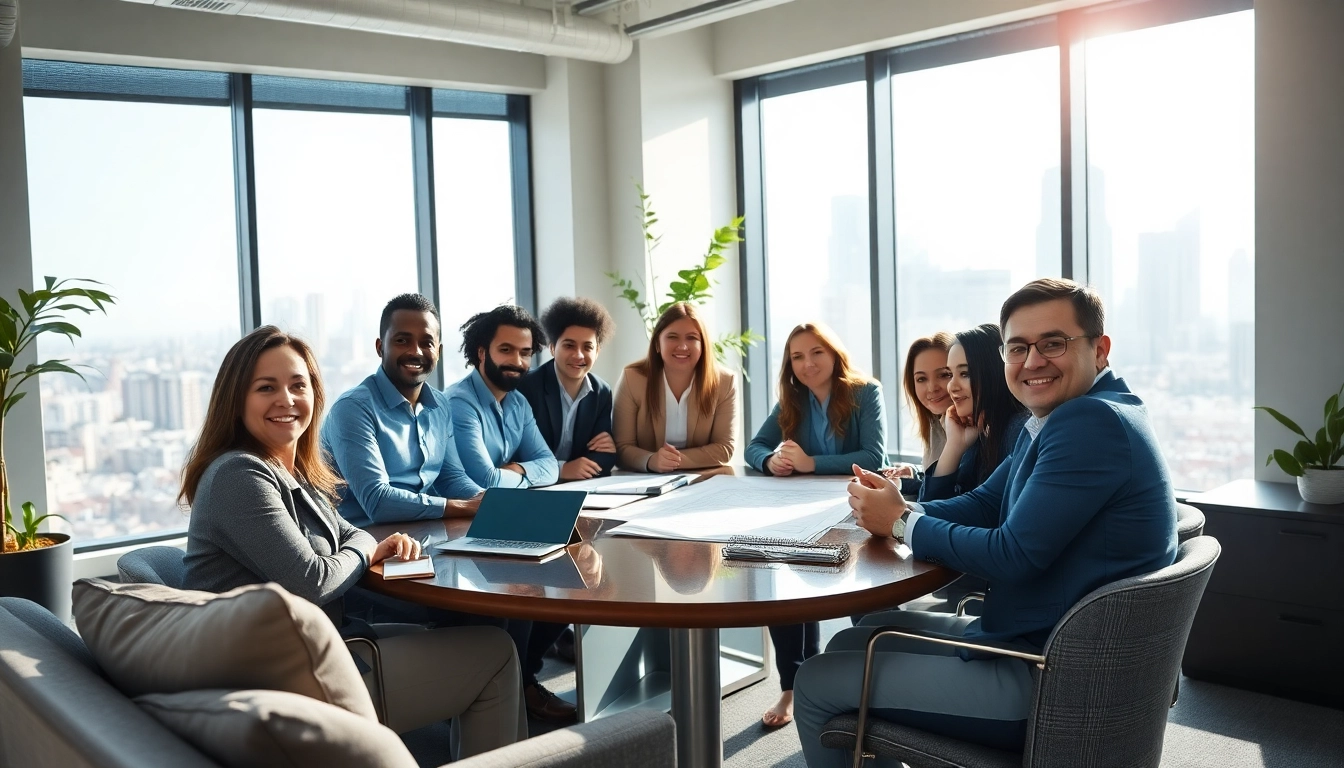 Collaborative real estate investment group meeting in a modern office environment.