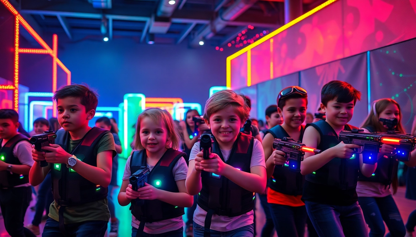 Players enjoying an exciting laser tag game in a vibrant arena filled with neon lights.