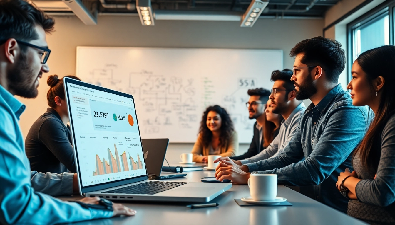 Team optimizing Chatbot performance testing with laptops and analytics.