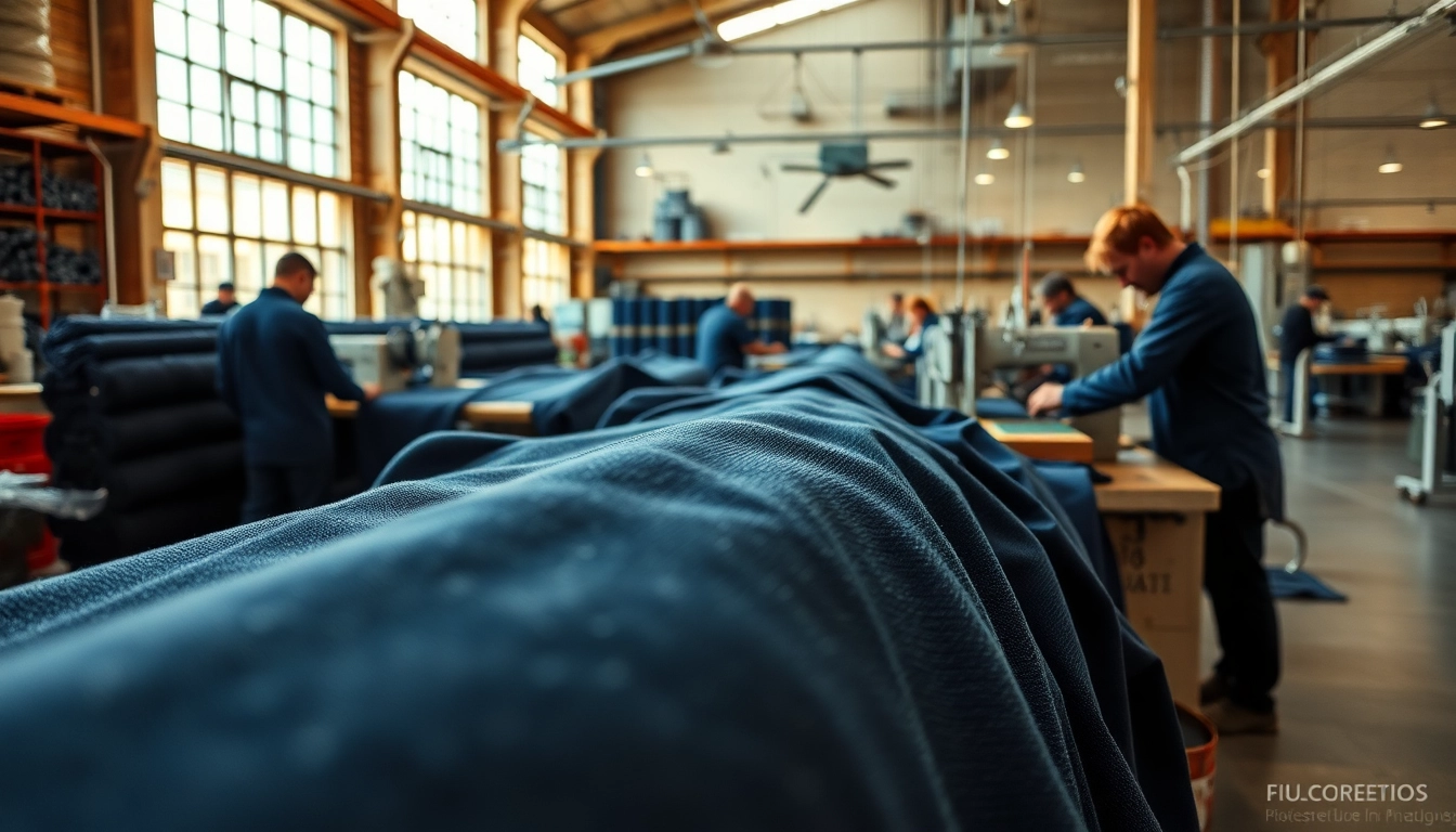 Skilled jeans cloth manufacturers working on premium denim in a bright factory setting