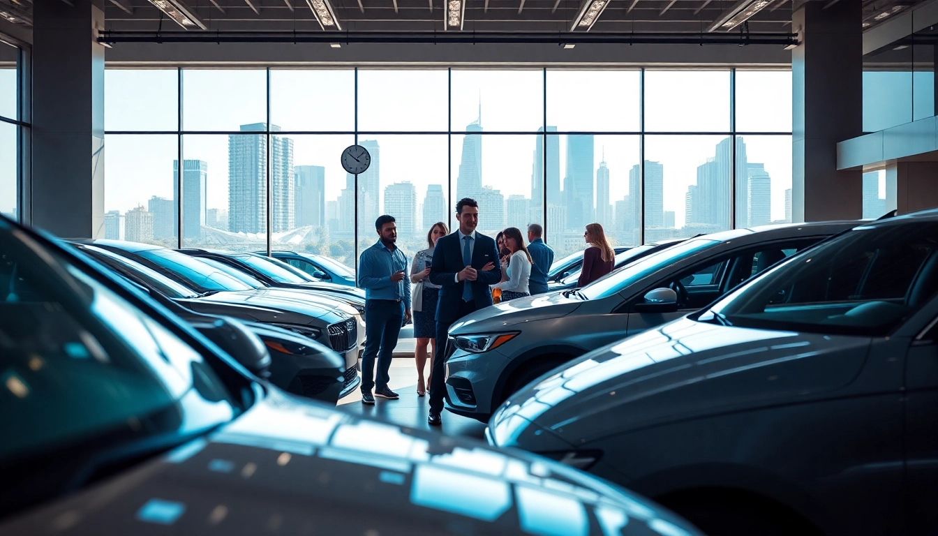 Skup aut Warszawa – Dynamic car dealership with engaged clients and an urban backdrop.
