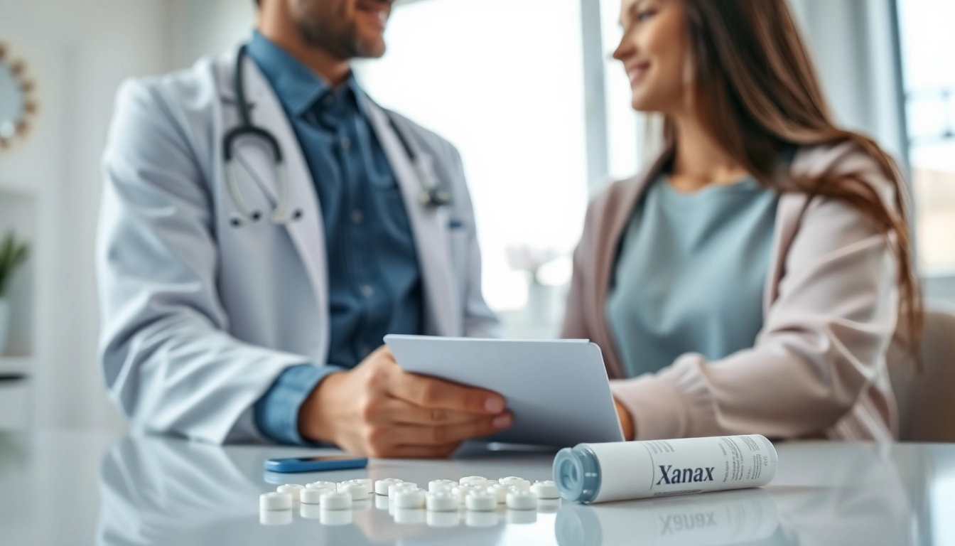 Xanax buy consultation with a doctor and patient in a calming clinic.