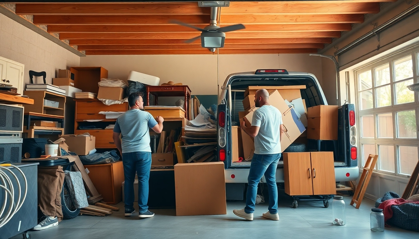 Junk removal near me service team energetically clearing out a garage space.