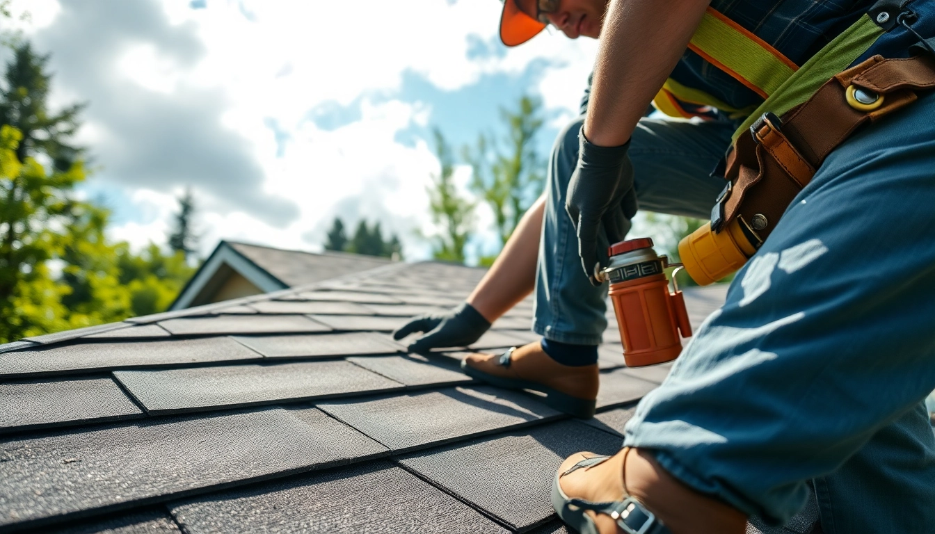 Roofing Replacement Portland Oregon with a contractor inspecting roof shingles under bright sunlight.