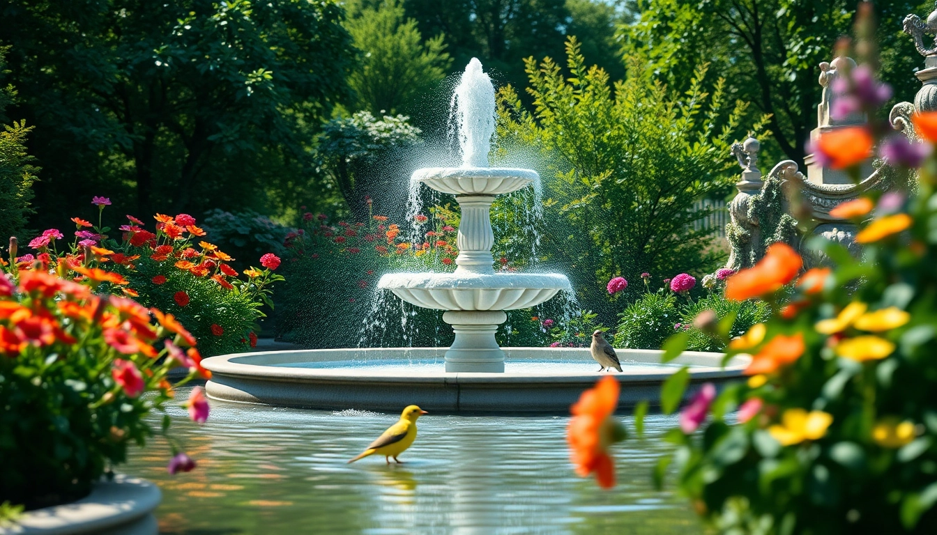 Décoration de fontaine apaisante entourée de fleurs colorées dans un jardin luxuriant.