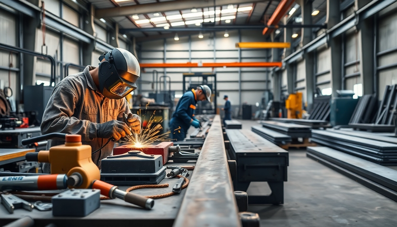 Skilled artisans working in a steel fabrication shop, showcasing precision and craftsmanship.