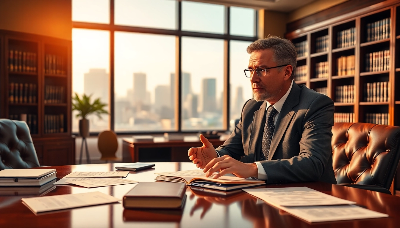 Engaging divorce lawyer discussing case details with a client in a professional office.
