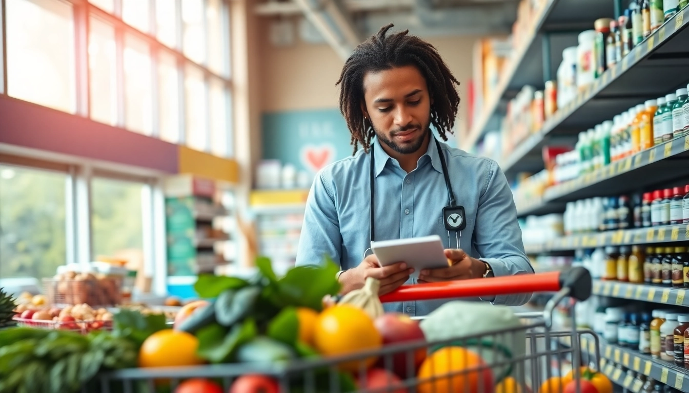Explore smart buying tips for health products while shopping for groceries in a vibrant environment.