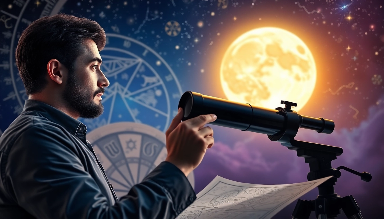 Astrologer interpreting Horoskop charts under a starry sky with cosmic details.
