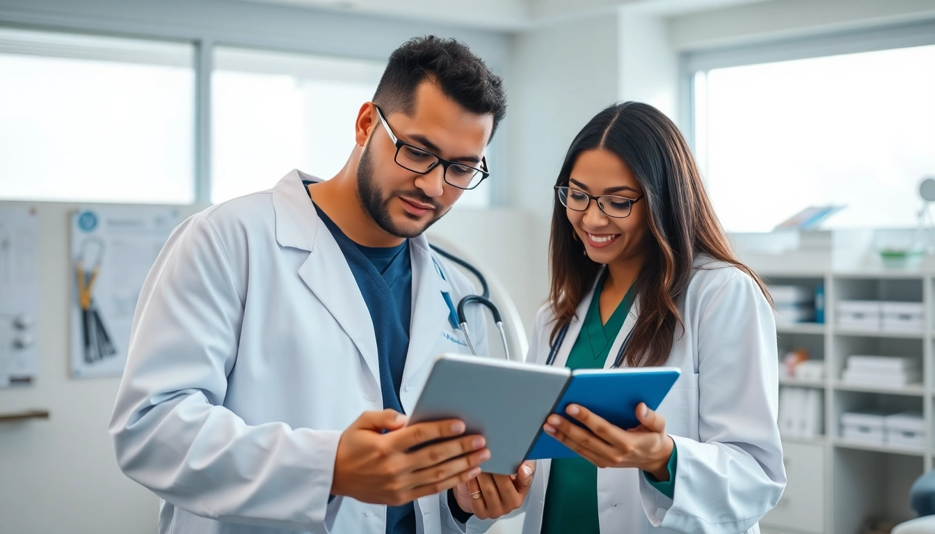 Engaging doctors discussing eprescription app development on a tablet in a modern clinic.