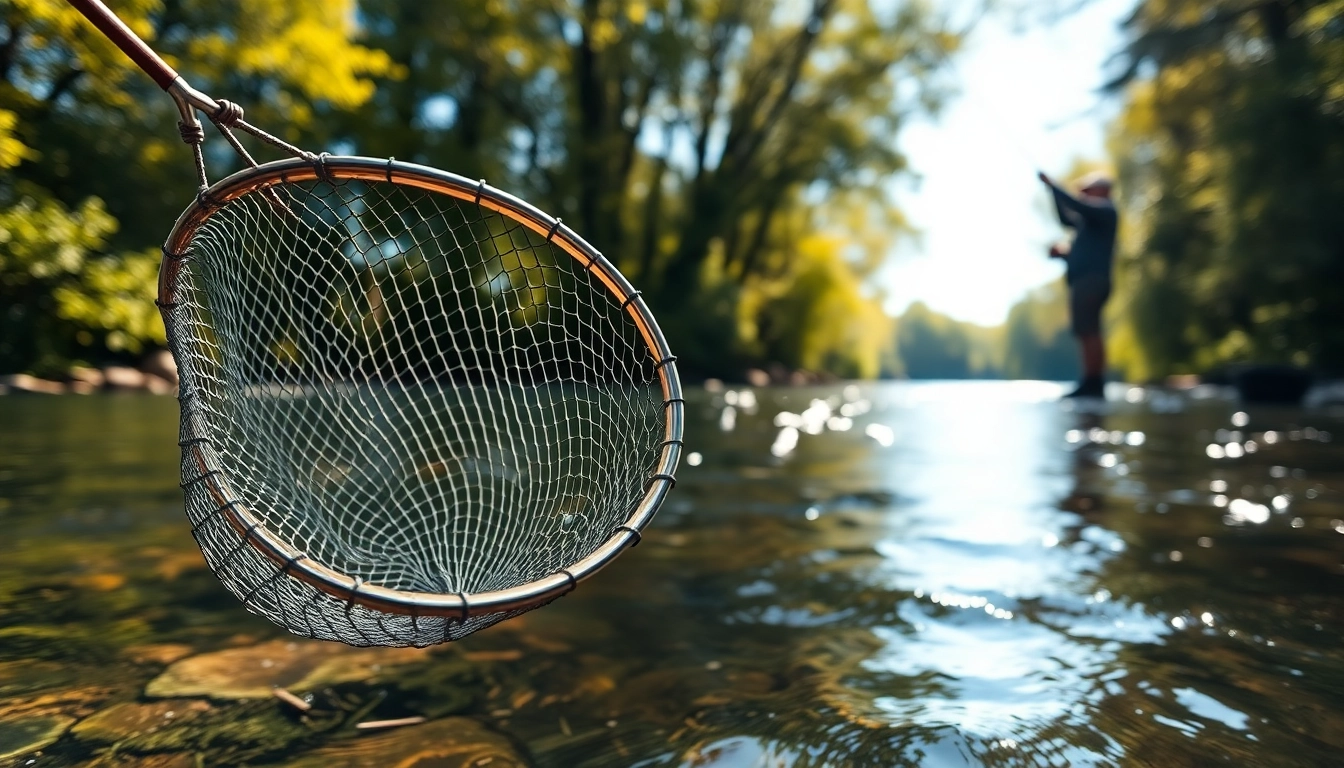 Angler using a Fly fishing net in a tranquil fishing scene, highlighting its craftsmanship and natural setting.