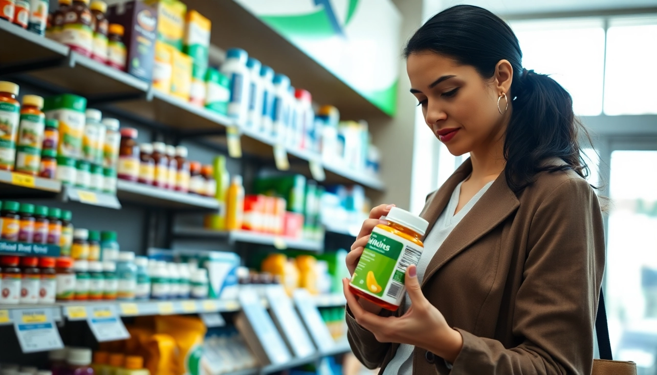 Evaluate smart buying tips for health products while shopping in a pharmacy with clear labeling.
