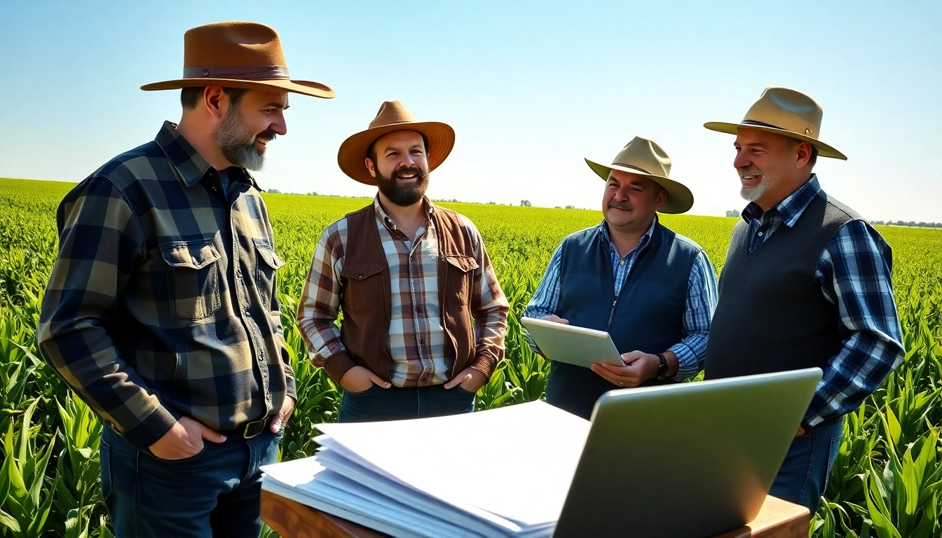 Farmers collaborating on essential agriculture law documents in a flourishing field.