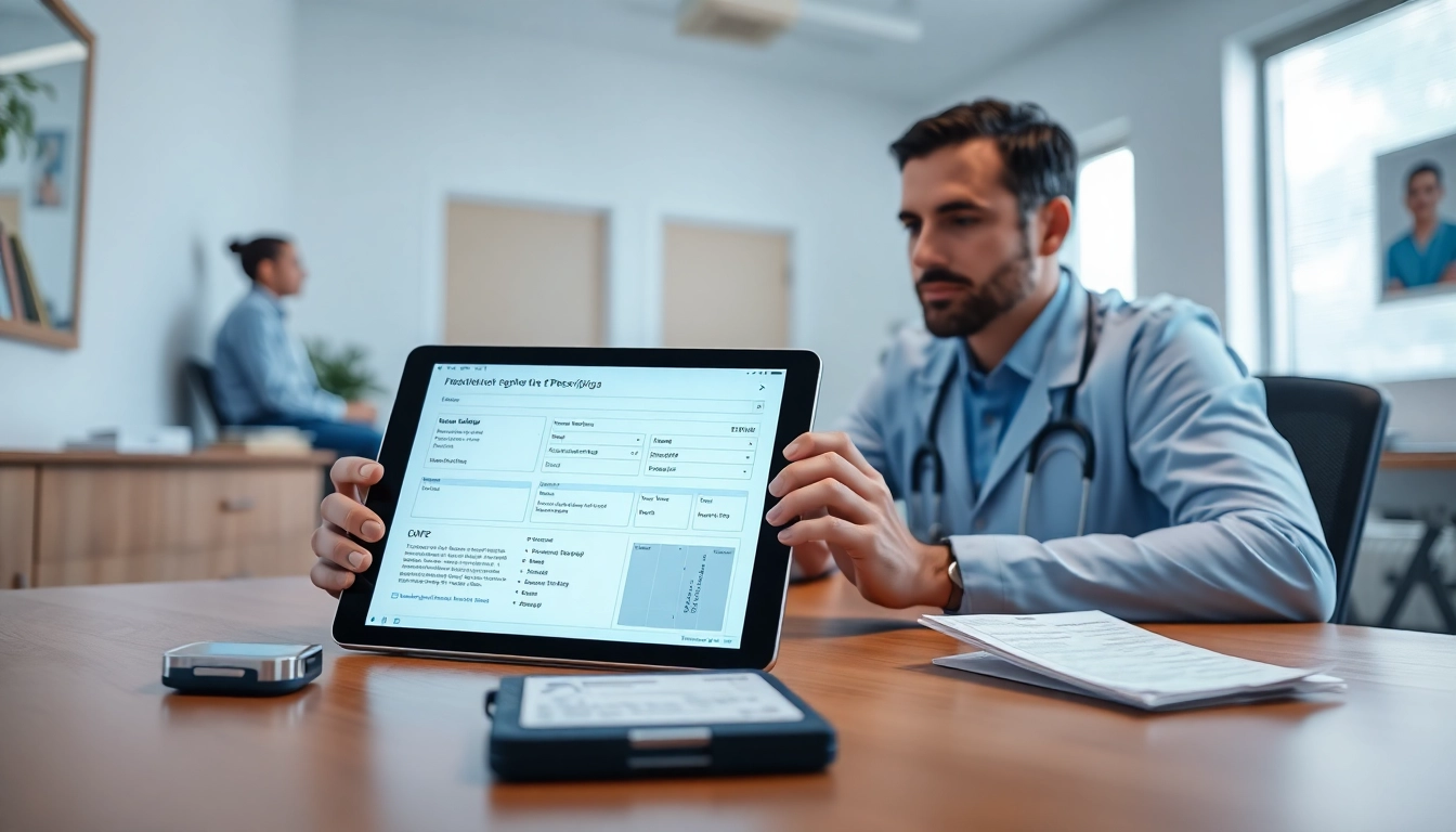 Comparing eprescribing vs traditional prescribing with a healthcare professional and patient in a modern clinic.