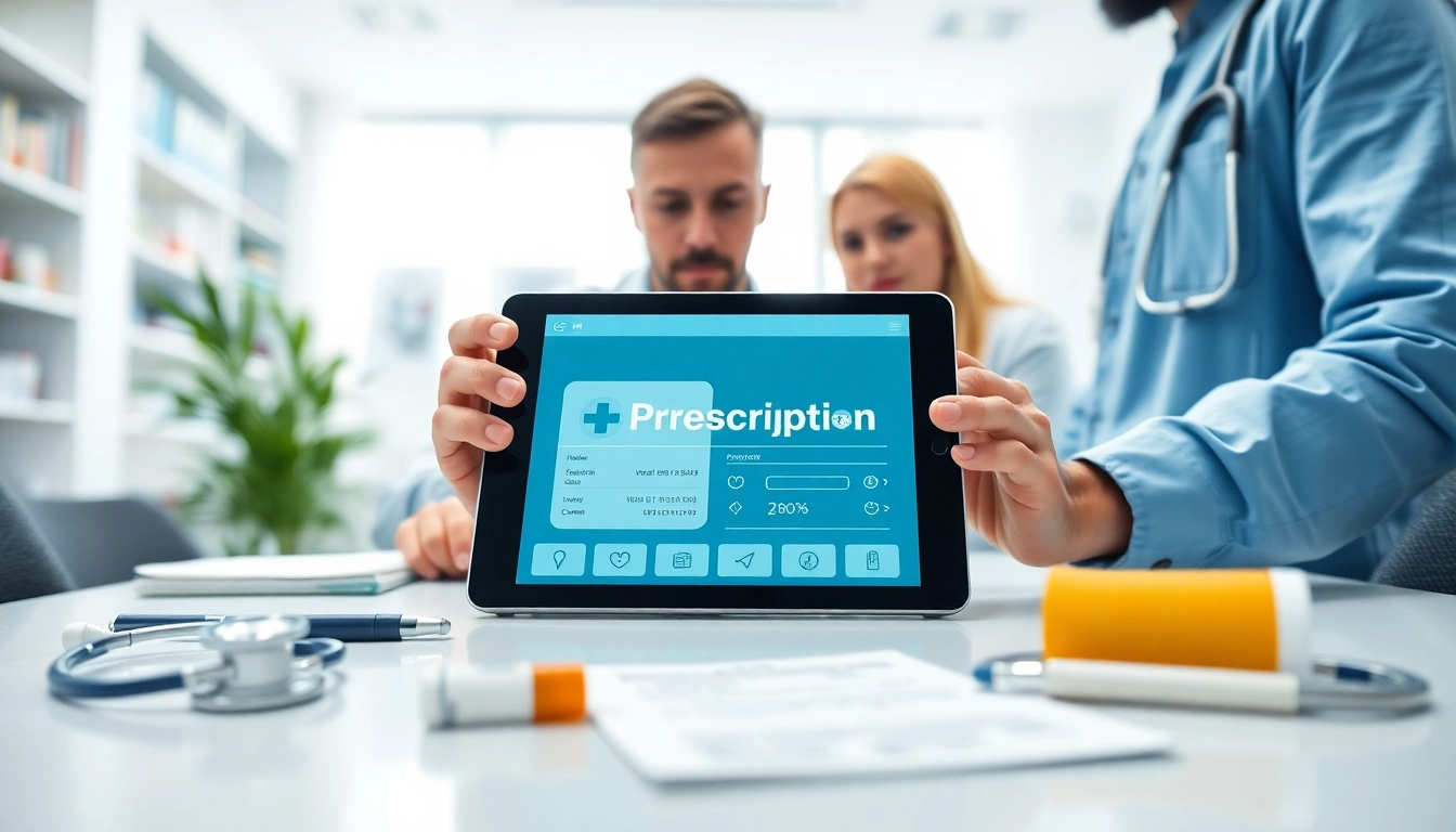 Engaging visual of ePrescription app development interface on a digital tablet in a medical setting